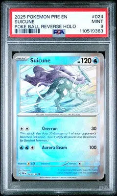 Suicune 2025 Pokemon Poke Ball Reverse Holo PSA 9 card in Prismatic Evolutions
