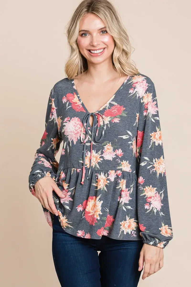 Super Lady Full Size Babydoll Floral Long Sleeve Blouse