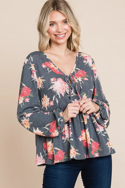 Super Lady Full Size Babydoll Floral Long Sleeve Blouse - Charcoal / S