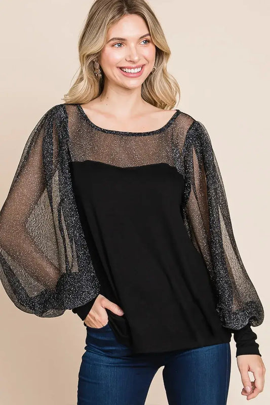 Super Lady Full Size Metallic Mesh Lantern Sleeve Blouse - Black / S