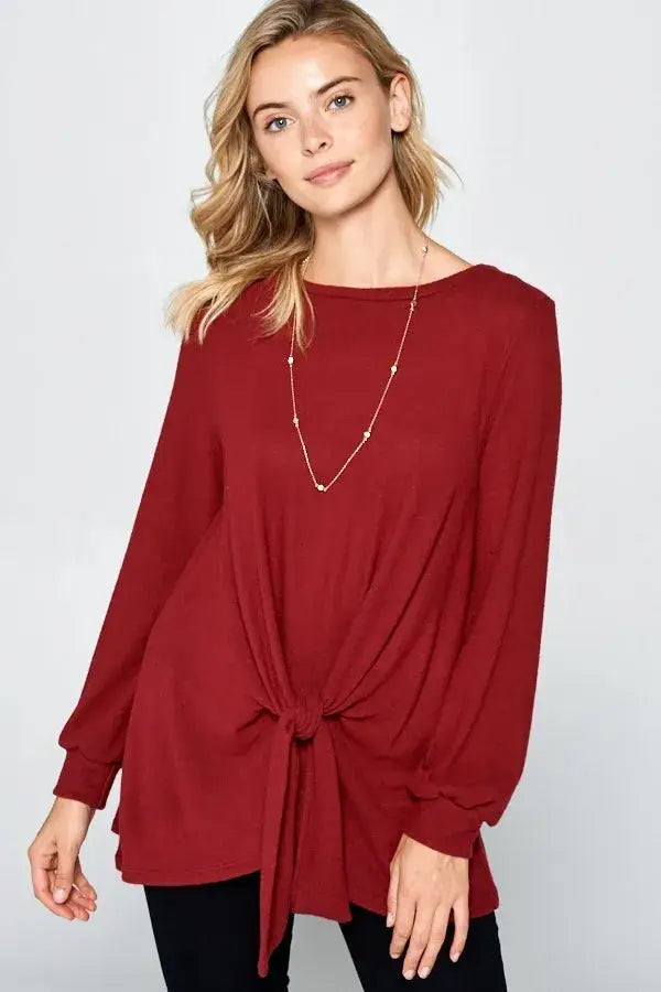 Super Lady Full Size Round Neck Knot Front Hacci Blouse - Burgundy / S