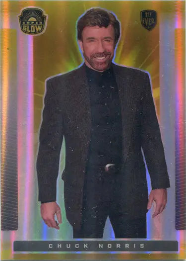 Holographic trading card of Chuck Norris in black outfit for Super Products 2021 base card