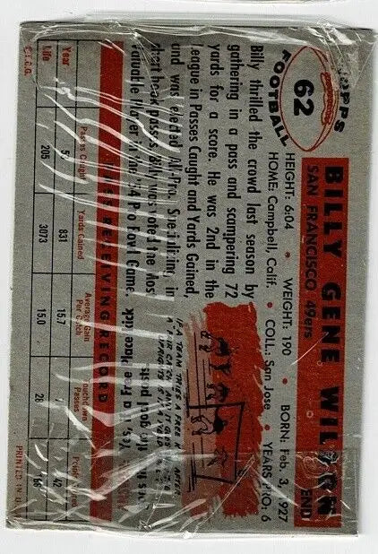 Sealed vintage trading card of Billy Wilson from super rare 1956 Topps Football Cello Pack