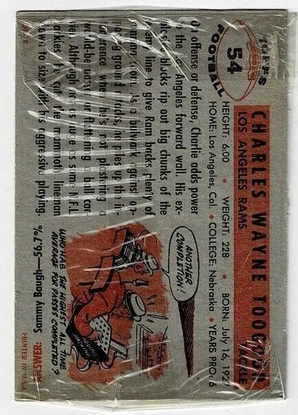 Vintage football card from super rare 1956 Topps pack featuring Charles Toogood