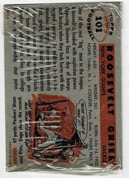 Vintage Roosevelt Grier trading card from super rare 1956 Topps Football Cello Pack