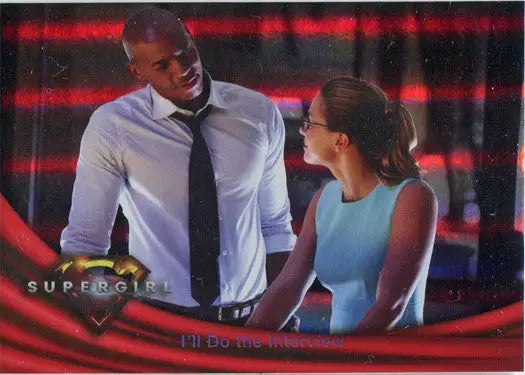 Two professionals in conversation with a red background on a Rainbow Foil Board