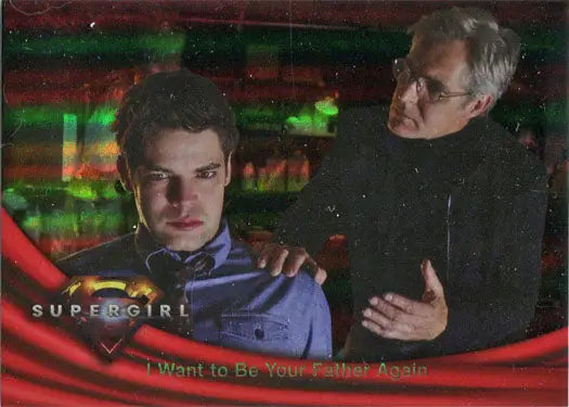 Rainbow foil board trading card featuring dramatic scene with Supergirl logo