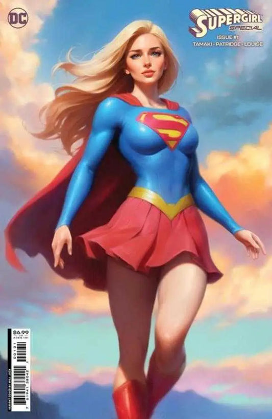 Supergirl soaring in blue and red costume, featured on trading cards variant cover
