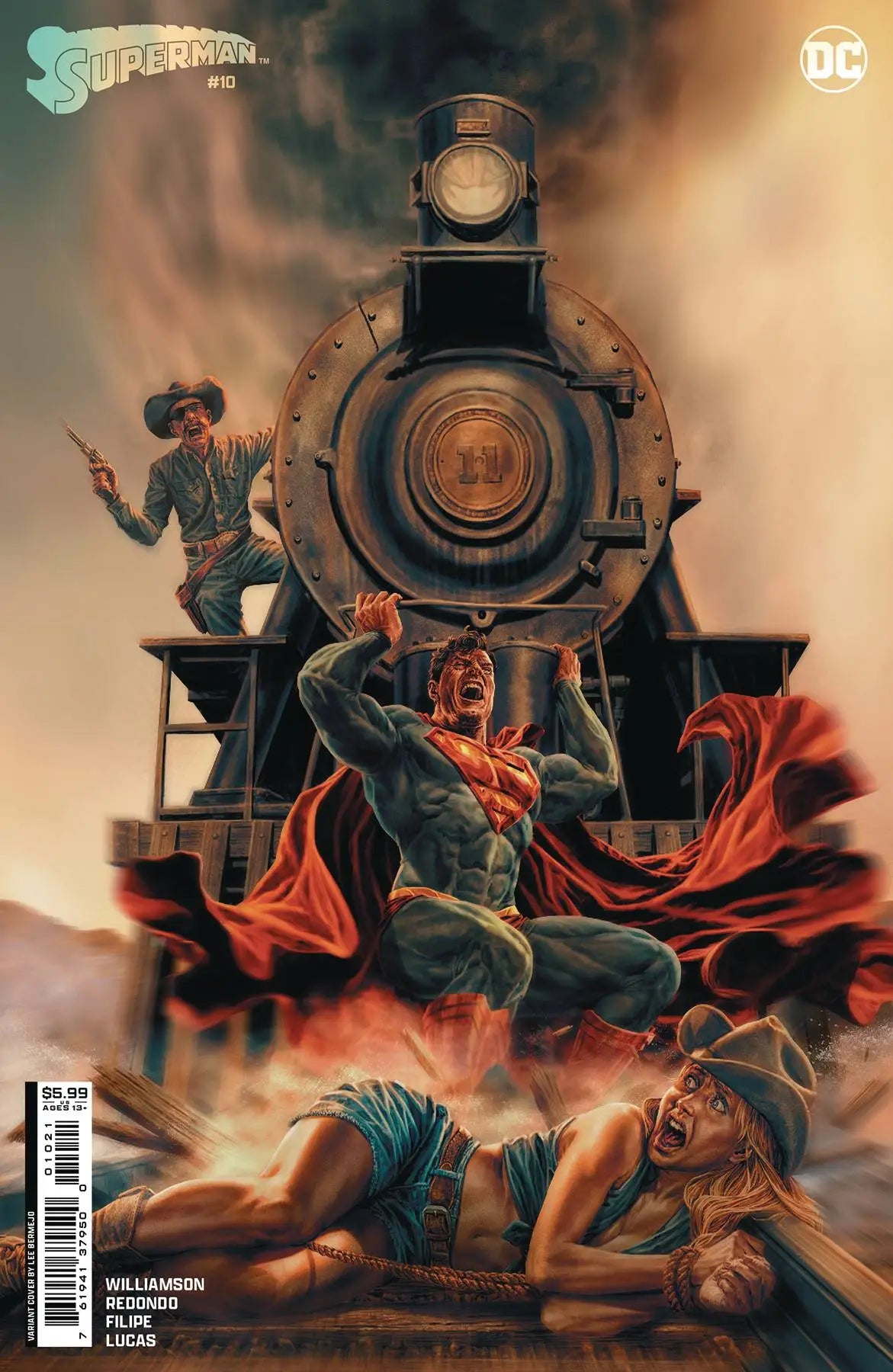 Steam locomotive with dynamic figures on Superman #10 trading card cover art