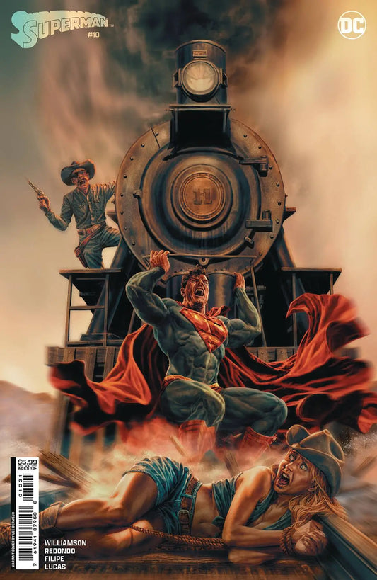 Steam locomotive with dynamic figures on Superman #10 trading card cover art