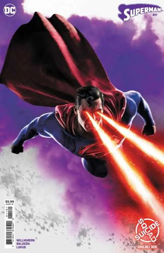 Superhero in flight shooting red lasers with dark cape on Superman #11 trading card