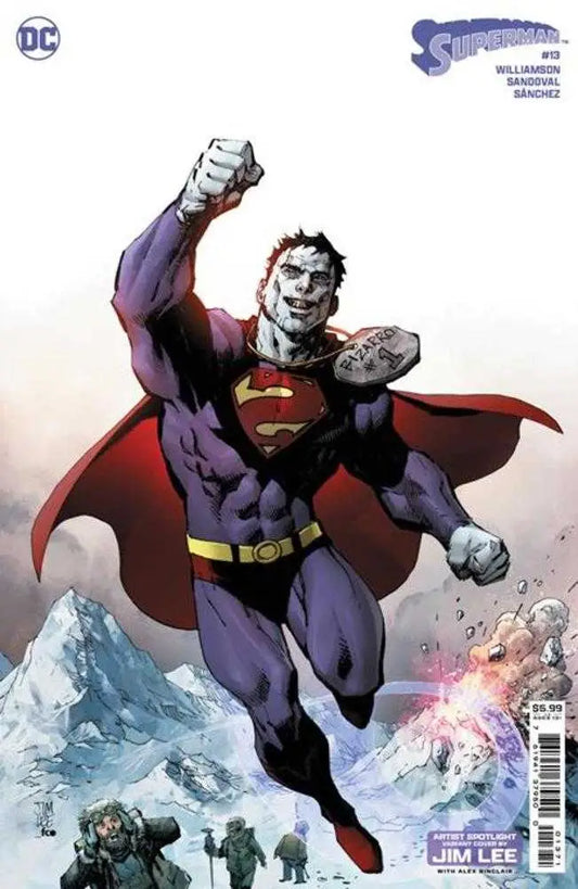 Bizarro Superman flying in a purple and red costume on Superman #13 trading card