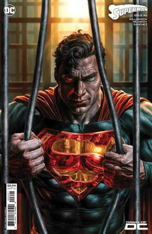Superhero in red cape gripping prison bars on Superman #6 Lee Bermejo Card Stock Variant