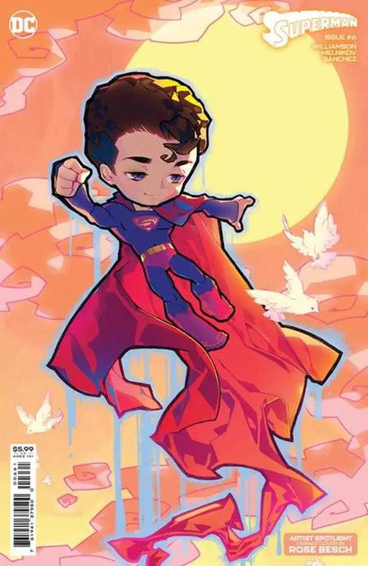 Chibi-style Superman with red cape in Superman #6 Creator Card trading card variant