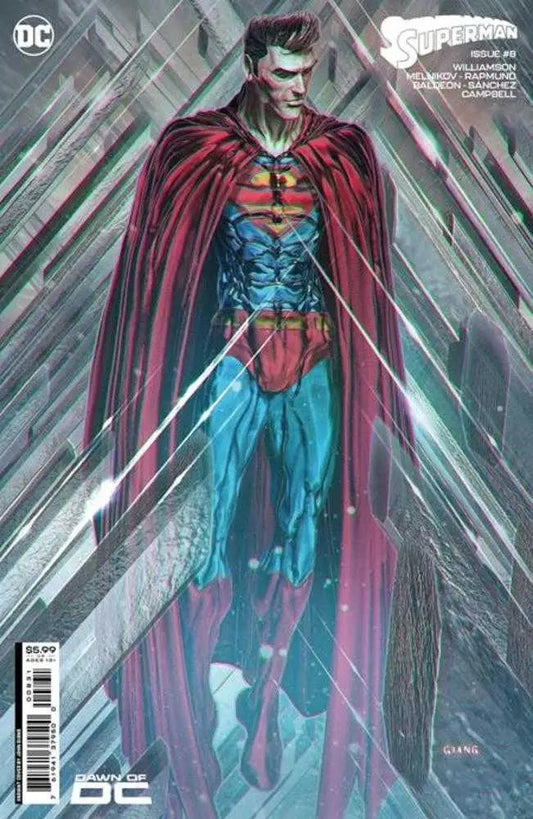 Superhero in red cape and blue tights on Superman #8 trading card variant design