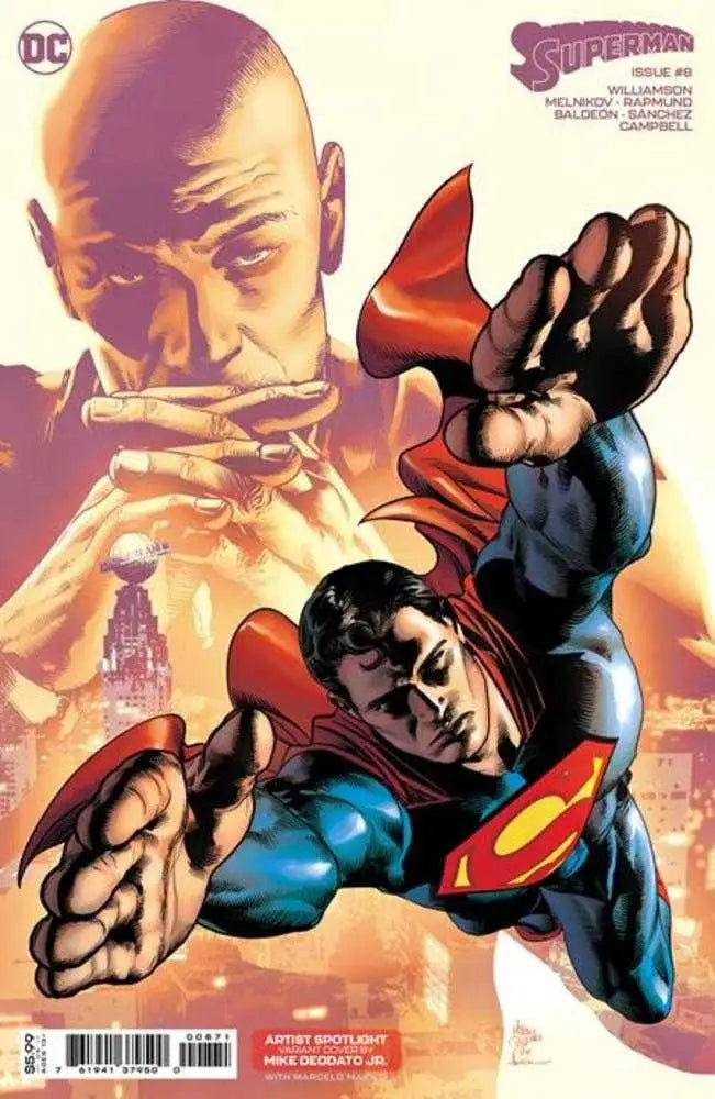 Superman flies dynamically with Lex Luthor in the background, perfect for trading cards
