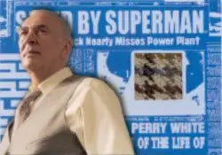 Older bald man in white shirt with blue background for Superman Returns costume card