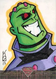 Green alien character with red eyes in purple outfit on Kevin Gentilcore sketch card