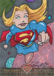Cartoon superhero with blonde hair in blue and red costume on Ron McCain sketch card