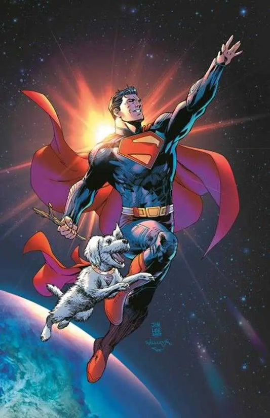 Superman and Krypto flying on Superman Unlimited #1 Cover G Jim Lee comic card stock variant
