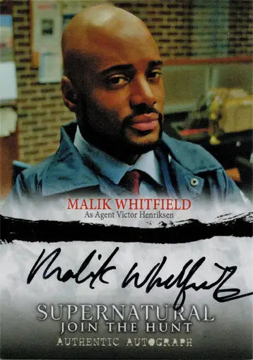 Autographed trading card of Malik Whitfield in blue jacket and red tie
