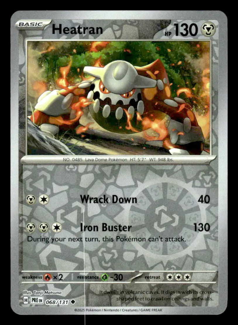 Heatran Pokémon trading card from SV Prismatic Evolutions reverse holo uncommon