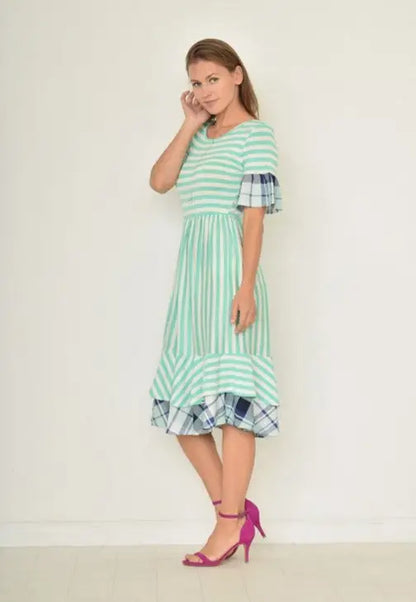 Sweet Gingham Layered Day Dress in mint green and white with ruffled plaid sleeves