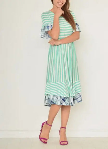 Sweet Gingham Layered Day Dress USA with mint green stripes, ruffle sleeves, and pink heels