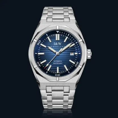 Men’s stainless steel automatic mechanical watch with blue dial and date display, Japan MIYOTA movement