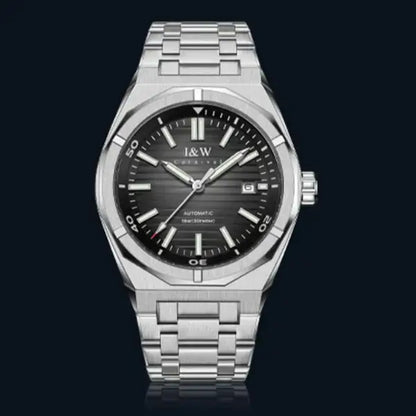 Silver-toned stainless steel automatic mechanical watch with dark gray dial and luminous features