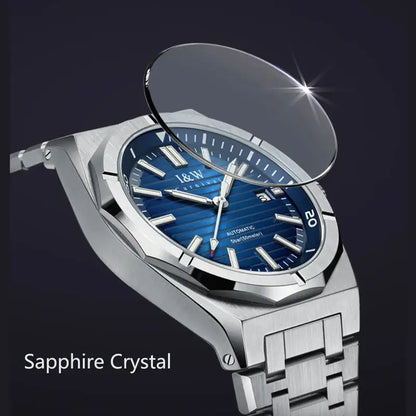 Silver-toned men’s watch with blue textured dial, sapphire crystal, Japan Miyota automatic mechanical movement