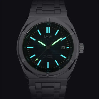 Luminous dark-faced stainless steel automatic mechanical dive watch with date display