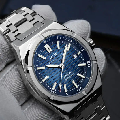 Stainless steel automatic mechanical dive watch with blue striped dial and date display