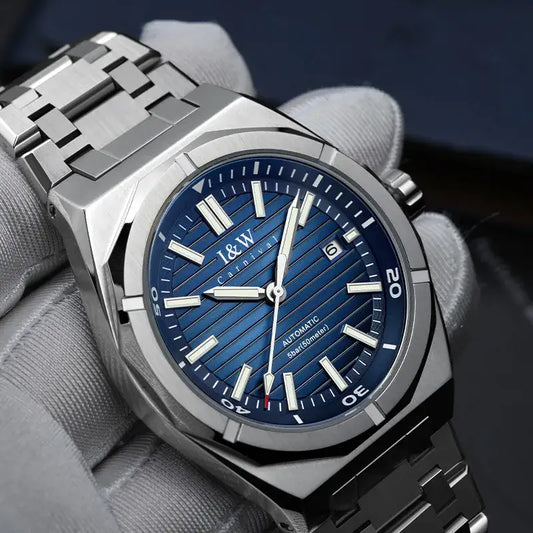 Stainless steel automatic mechanical dive watch with blue striped dial and date display