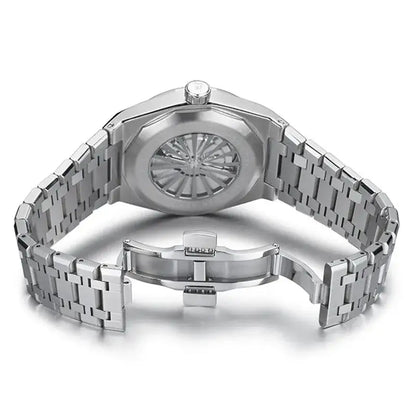 Silver-tone stainless steel automatic mechanical watch with exhibition case back and butterfly clasp