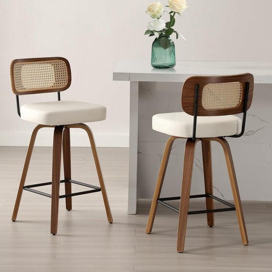 Swivel Counter Height Bar Stools Set of 2, Upholstered Faux Leather Barstools with Rattan Back, 26" Seat Height Bar Chairs for Kitchen Island, Bentwood Wood Frame, Cream White-0