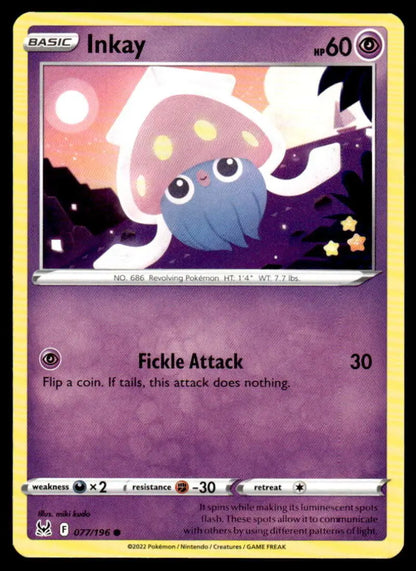 Round blue Inkay Pokémon with pink tentacles on SWSH11 Lost Origin trading card