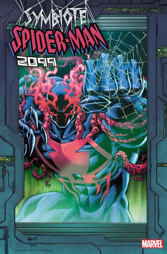 Comic book cover for Symbiote Spider-Man 2099 featuring a symbiote character and neon web