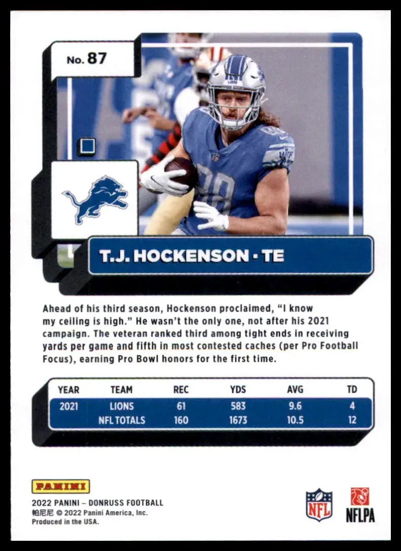 T.J. Hockenson 2022 Donruss football card featuring Detroit Lions player