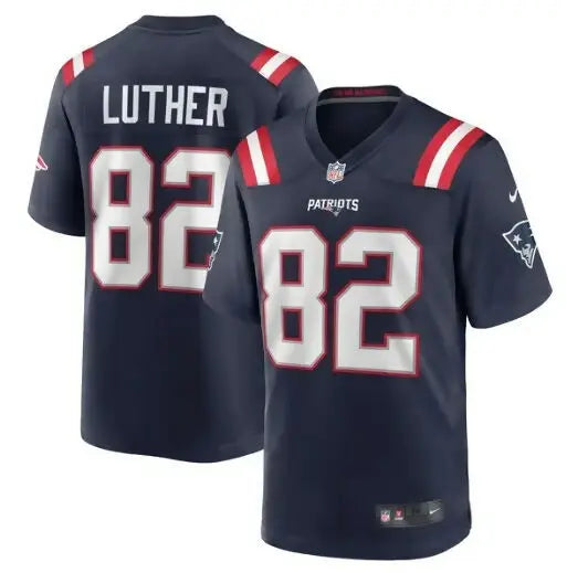 Navy blue New England Patriots football jersey with LUTHER 82 in white and red trim