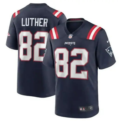 Navy blue New England Patriots football jersey with LUTHER 82 in white and red trim