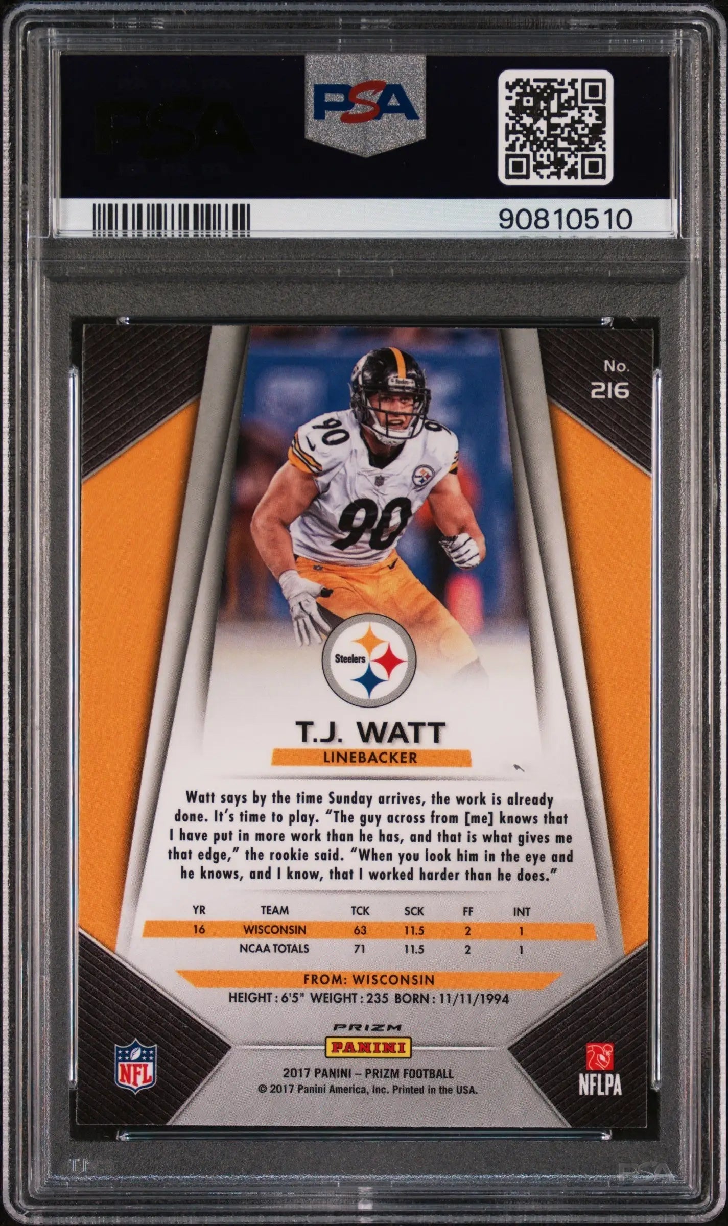 PSA-graded T.J. Watt 2017 Panini Prizm Rookie #216 card featuring Steelers player
