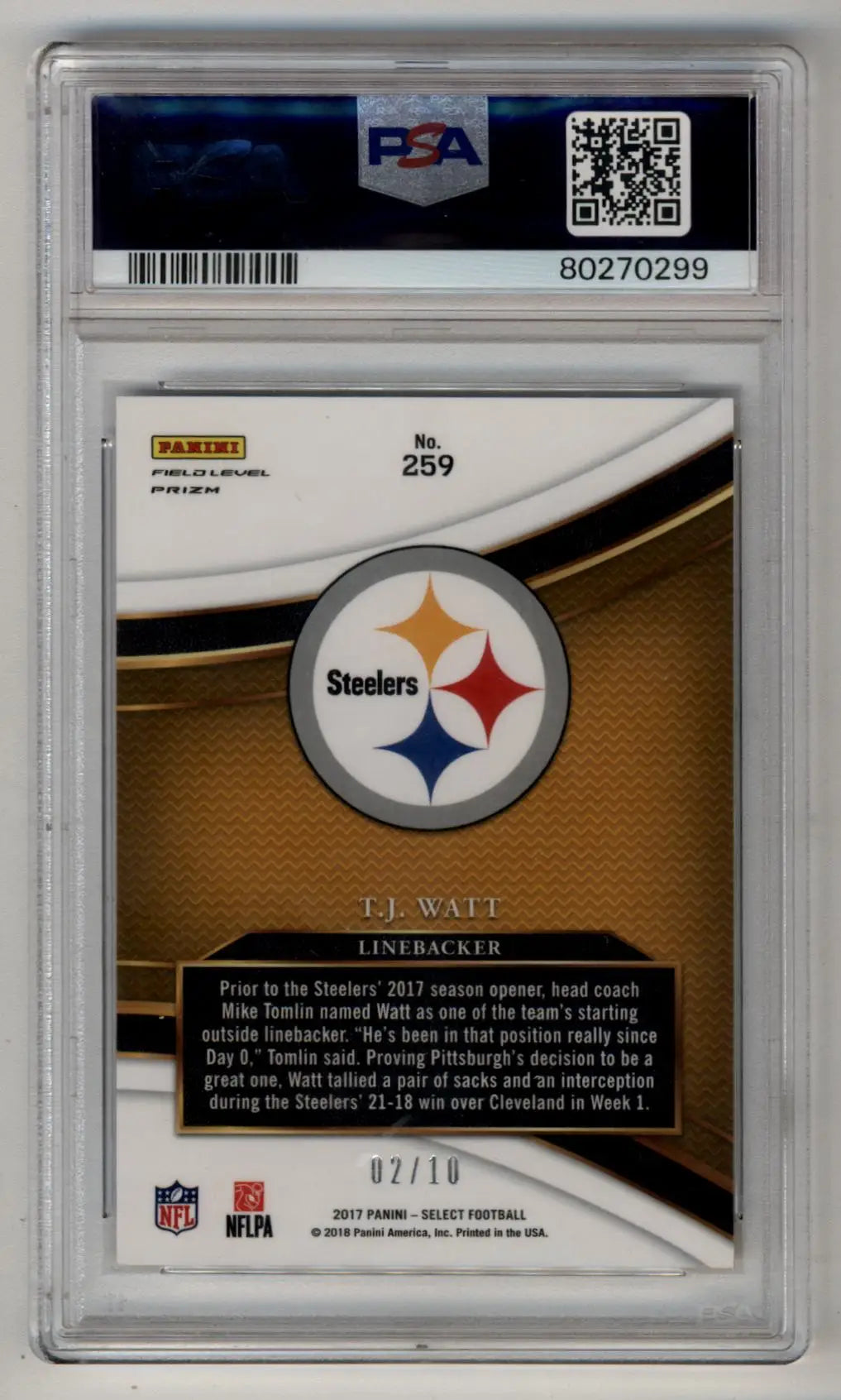 T.J Watt 2017 Panini Select Gold 02/10 PSA 10 Gem Mint - Singles