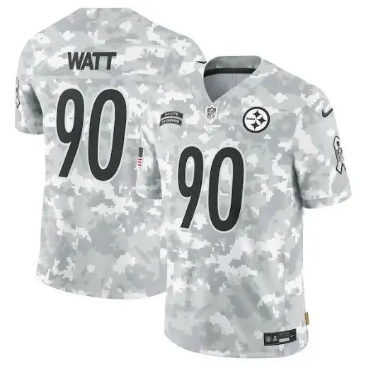 J.J. Watt Pittsburgh Steelers Salute to Service #90 football jersey in Arctic Camo