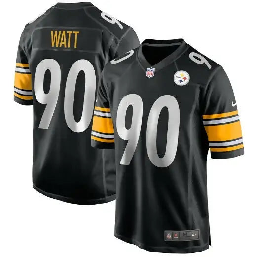 Black T.J. Watt Pittsburgh Steelers Nike Alternate 1933 Throwback Game Jersey with gold and white striped sleeves