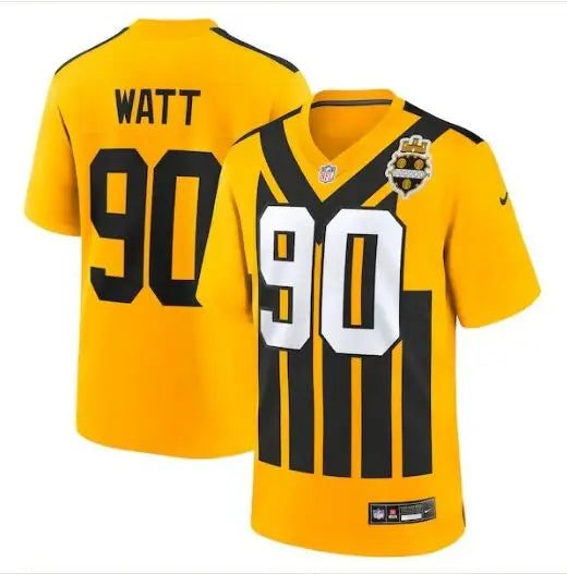 Gold and black T.J. Watt Pittsburgh Steelers Nike throwback jersey with number 90 and Watt on back
