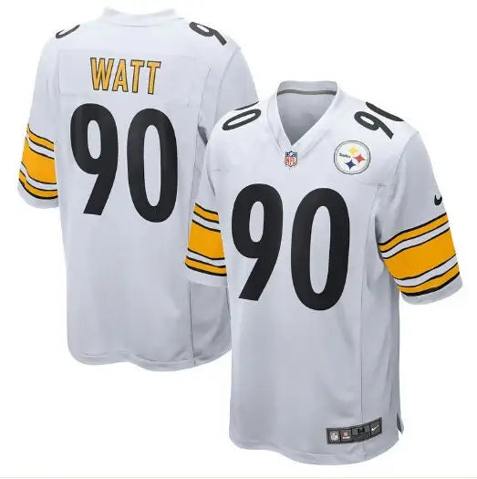 Two white and yellow T.J. Watt Pittsburgh Steelers Nike Alternate 1933 Throwback Game Jerseys
