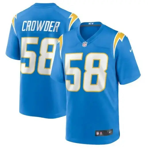 Blue Los Angeles Chargers NFL jersey with number 58 and Crowder on the back