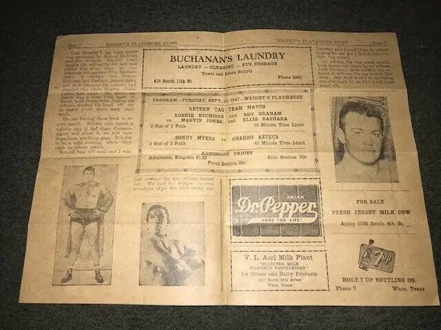 Vintage Tag Team wrestling advertisement featuring Dr Pepper and 7Up in Waco TX