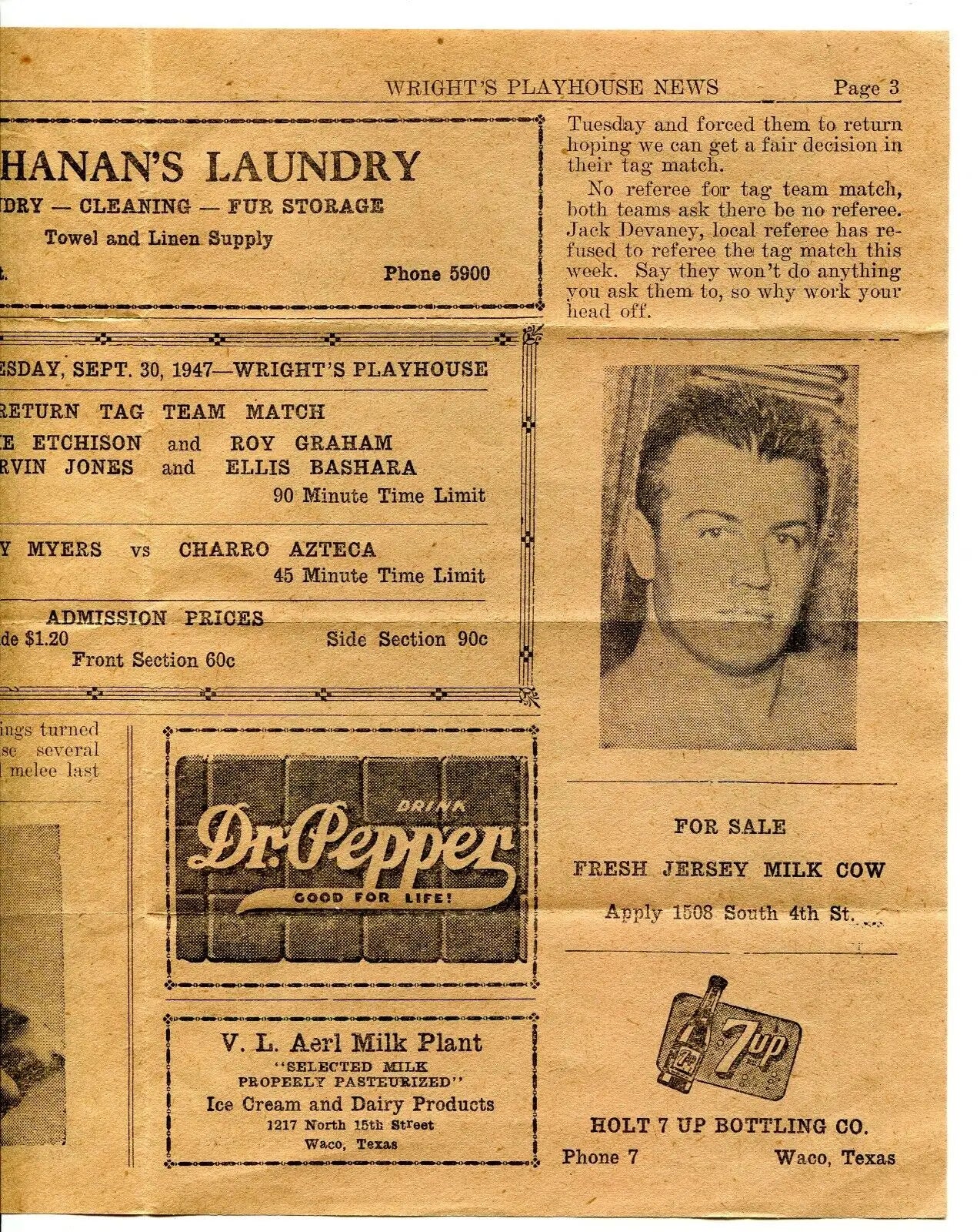 Vintage newspaper advertisement for Tag Team 1947 Wrestling Flyer with Dr Pepper and 7Up